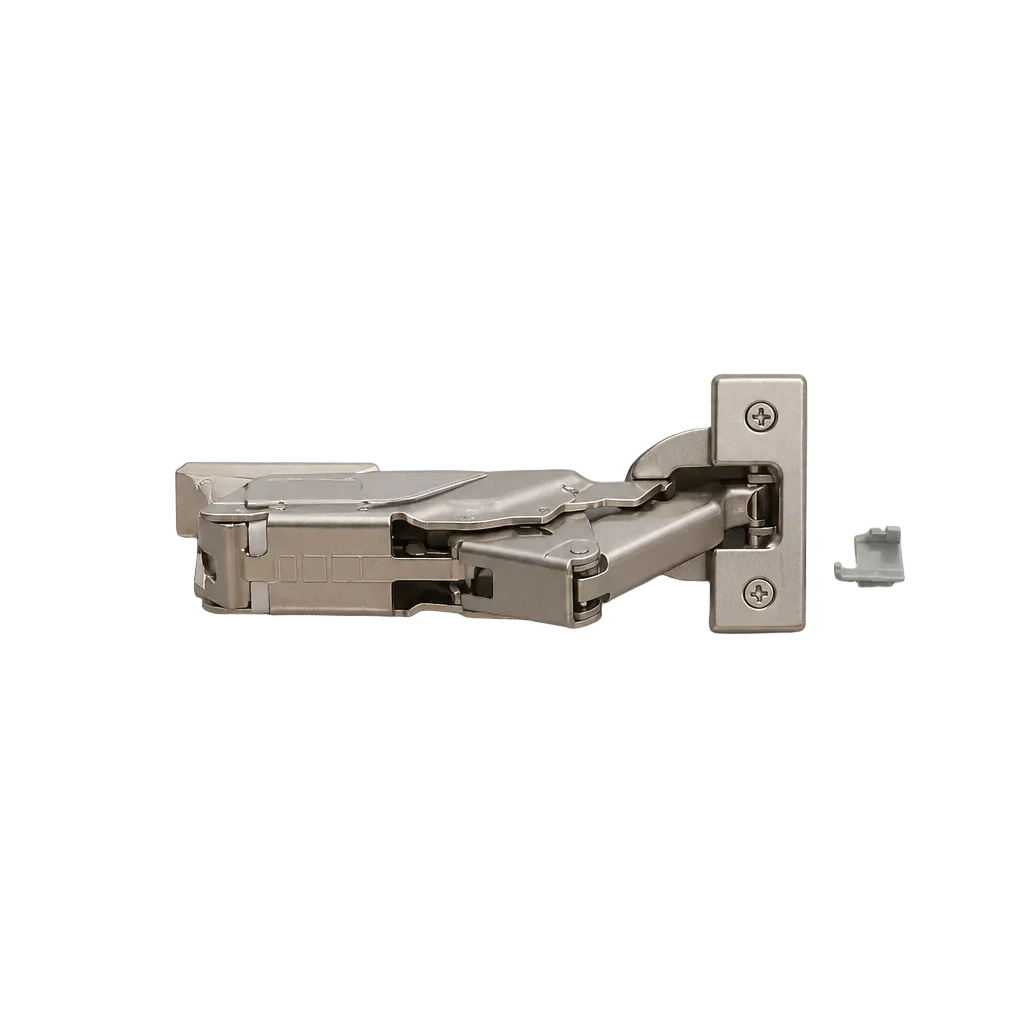 Metal cabinet hinge on a light gray background