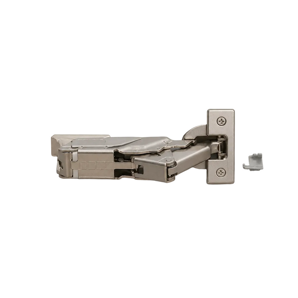 Metal cabinet hinge on a light gray background