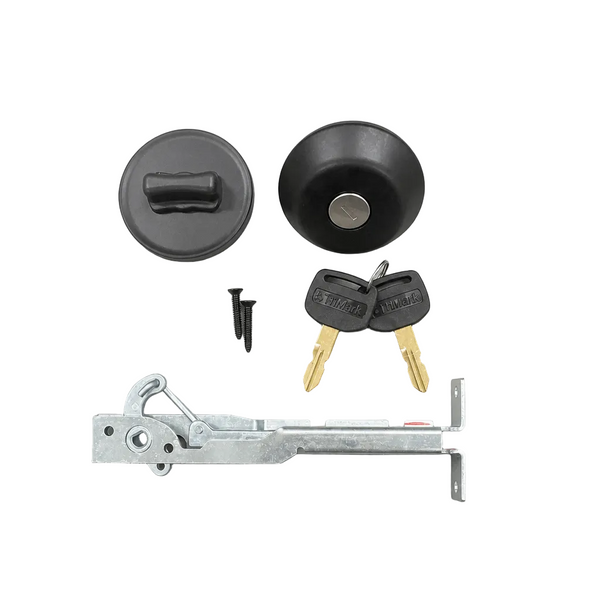 Door handle assembly with keys and hardware on a gray background