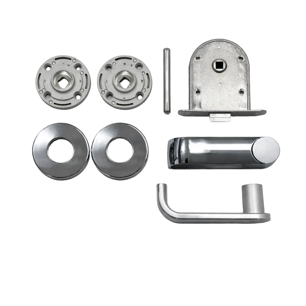 Airstream Baldacci Door Handle Kit for Bathroom Door (Part # 382523, 454614) displayed with mounting plates, lock mechanism, Baldacci strike plate, two round covers, and connecting rod, all neatly arranged on a white background.