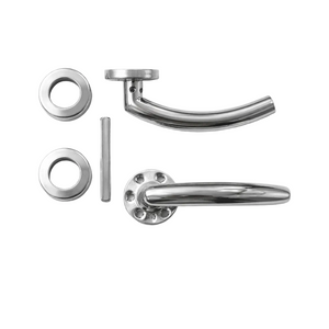Set of metallic door handles and hardware components on a white background