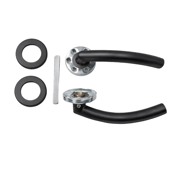 Black door handles and their components on a white background