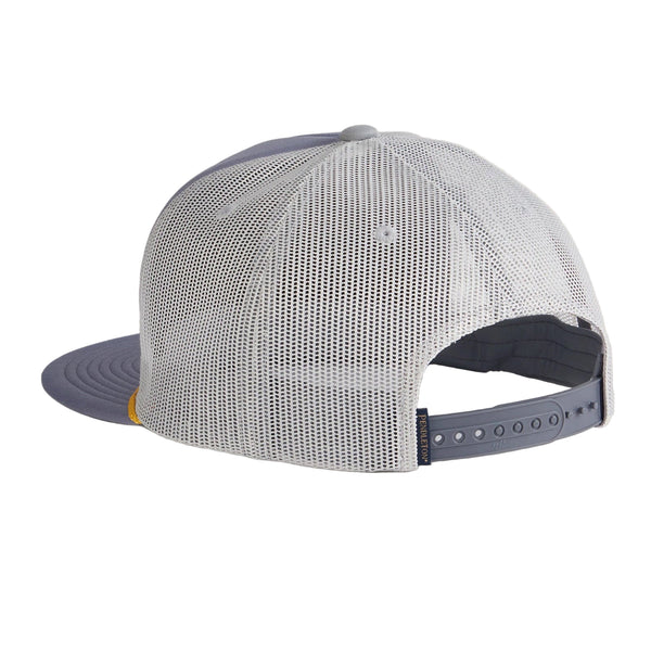 Gray mesh cap with blue brim on a light gray background