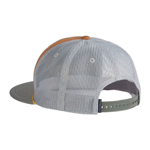 Trucker cap with mesh back and leather brim on a light gray background