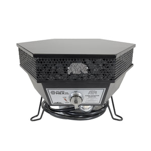 A black and gray hexagonal propane outdoor fireplace by Kuda Outdoor Gear Co., featuring a honeycomb vented top, a bear logo, and a gas regulator on a white background.