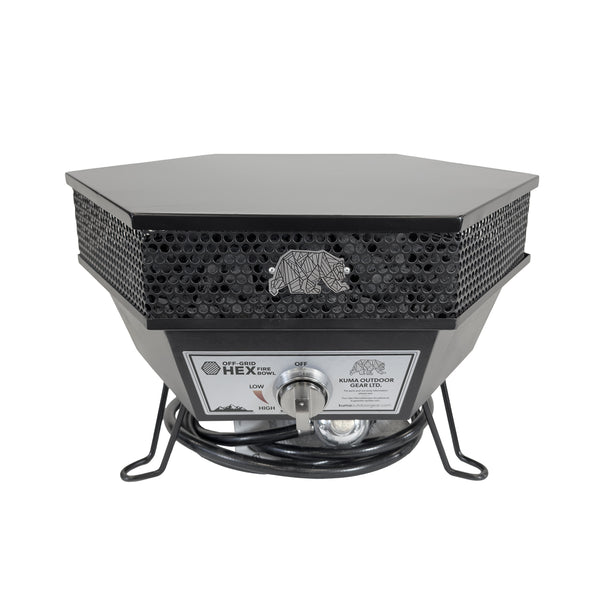 A black and gray hexagonal propane outdoor fireplace by Kuda Outdoor Gear Co., featuring a honeycomb vented top, a bear logo, and a gas regulator on a white background.
