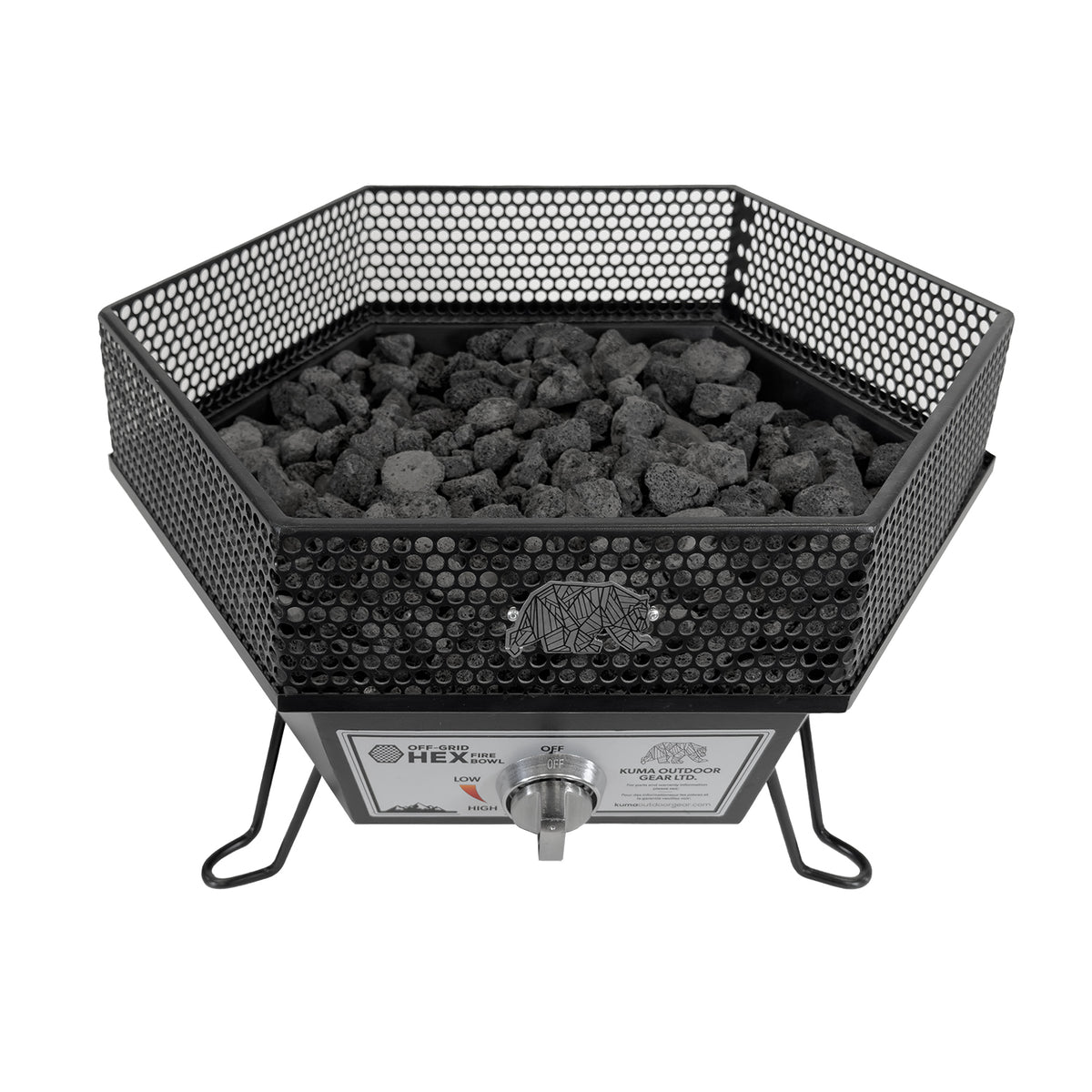 Hexagonal metal fire pit with charcoal inside on a white background