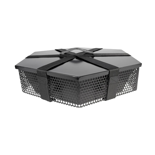 A black hexagonal metal basket with a perforated honeycomb pattern on the sides and a black strap with a buckle across the top, shown on a plain white background.