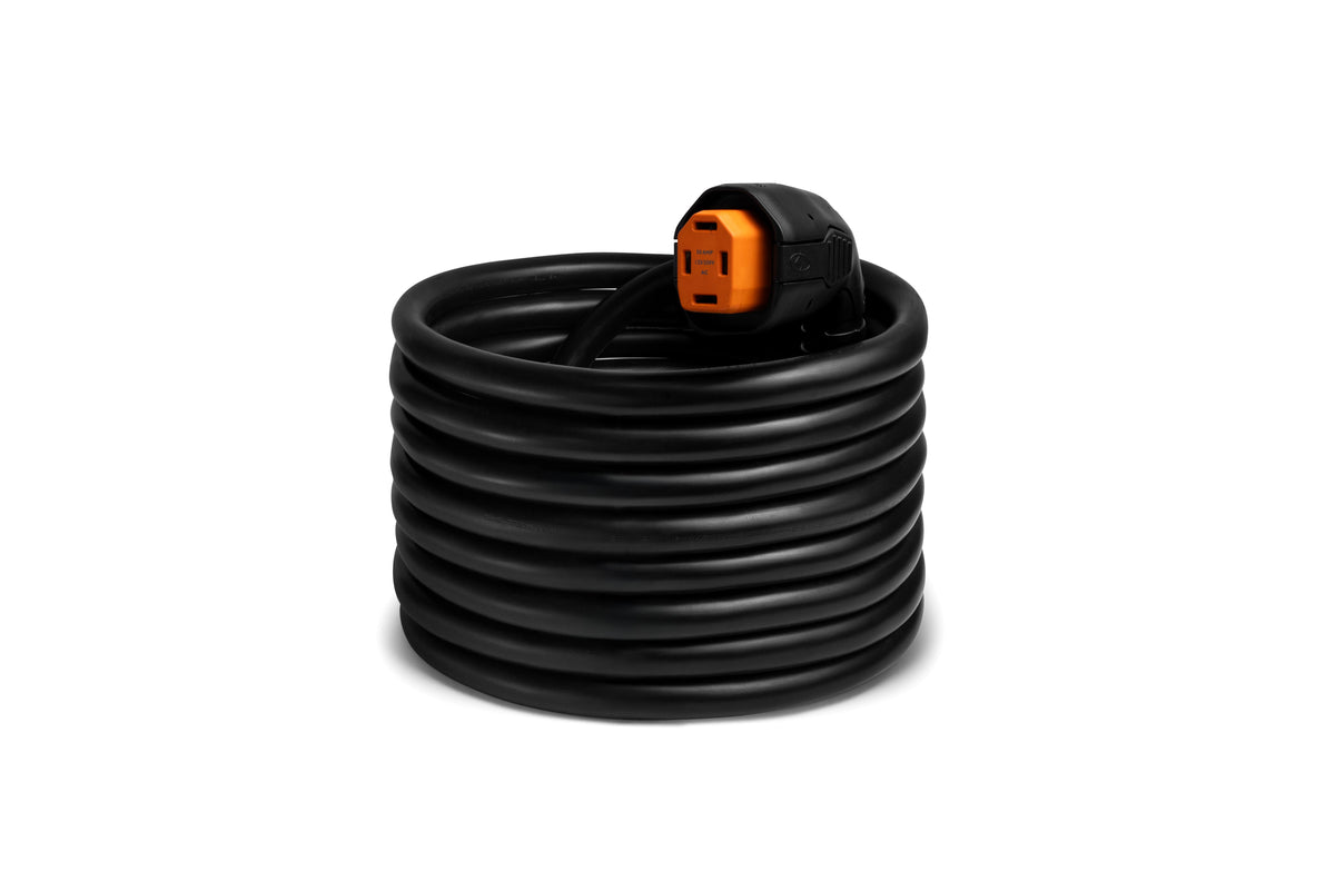 The Smartplug 50 Amp Cordset is a coiled black extension cord featuring an orange and black three-prong plug on top, designed for 50-amp shore power connections—ideal for use as an Airstream power connection or SmartPlug cordset—shown against a white background.