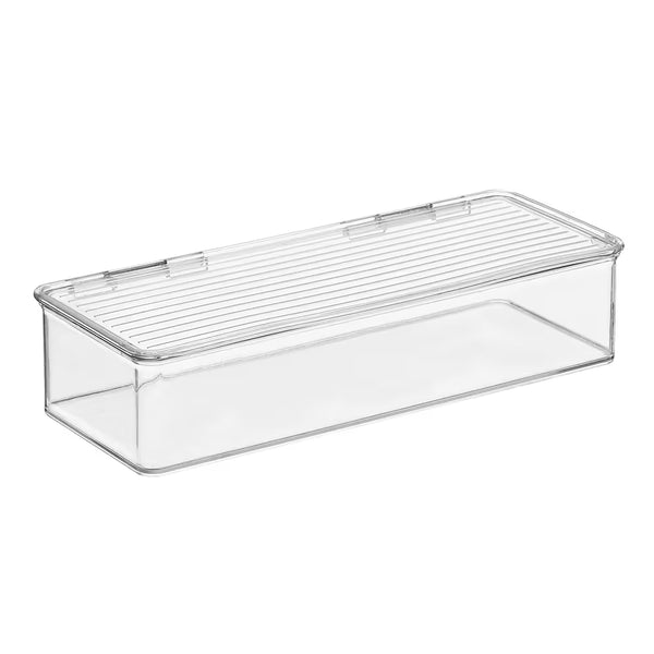 A clear plastic storage bin with a slatted lid, shown on a plain white background.