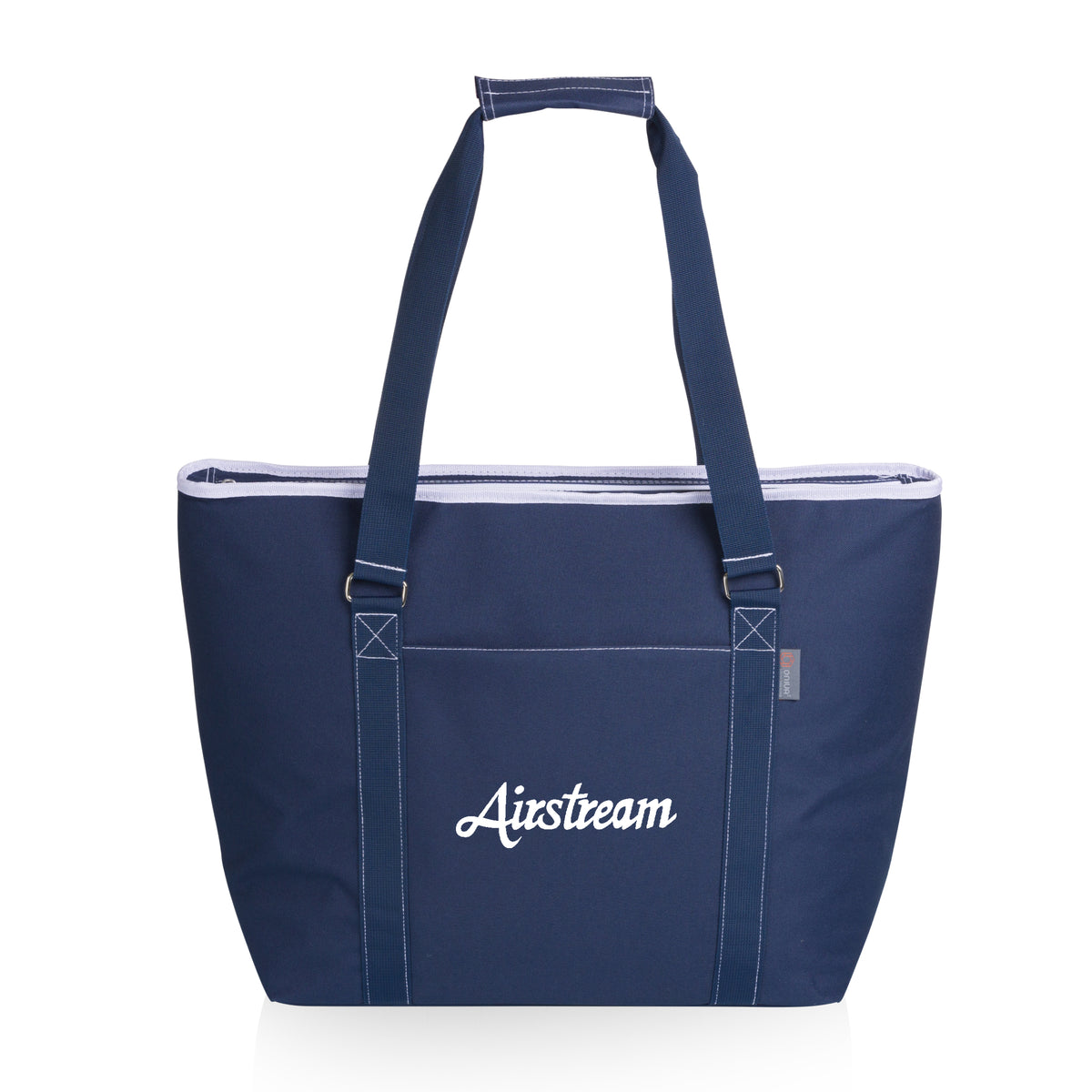 The Airstream Script Logo Oversized Cooler Tote is a navy blue insulated bag featuring two handles, a front pocket, and “Airstream” written in white script on the front—perfect for keeping your items chilled while on the go.