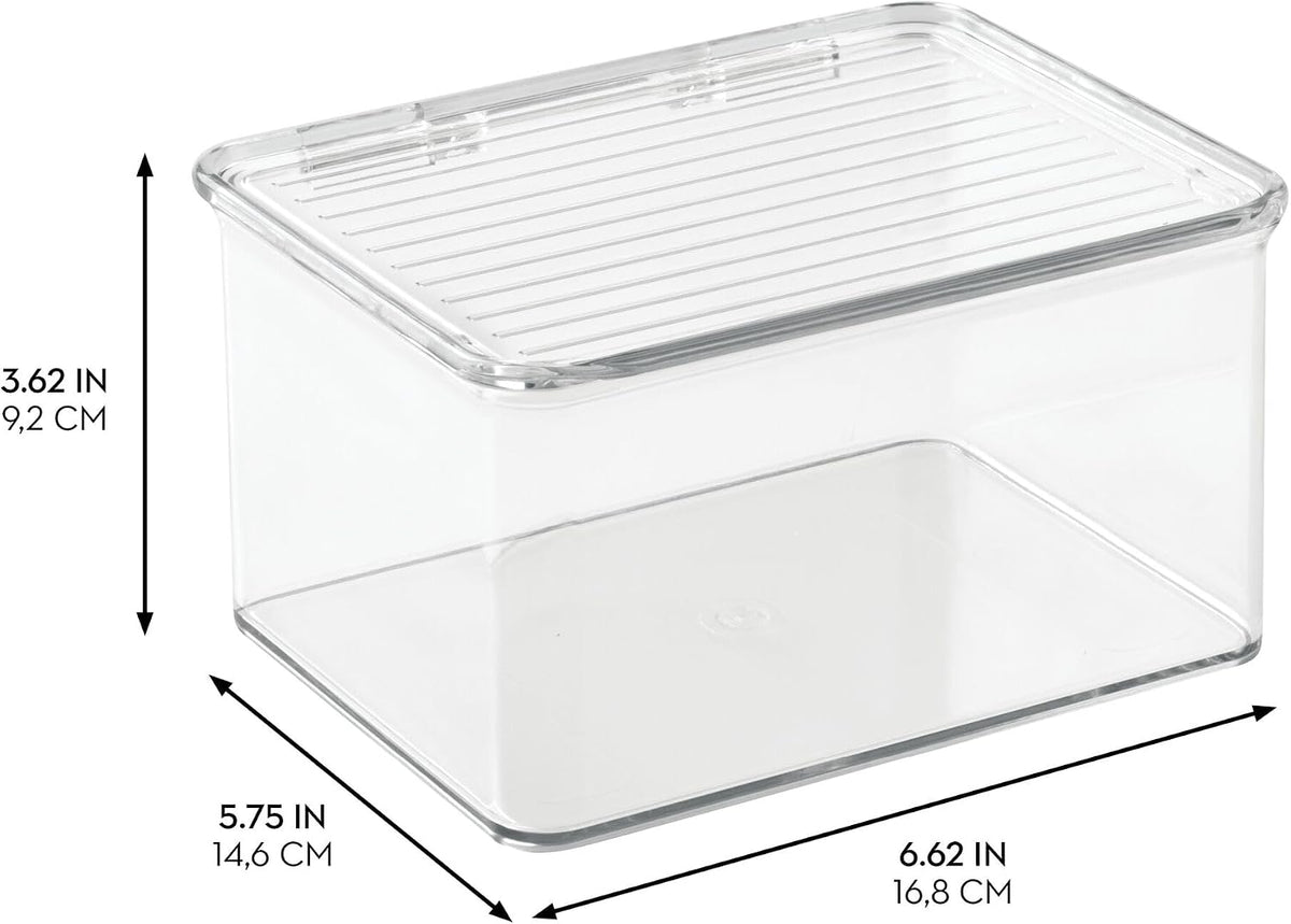 Clear plastic storage box with a slotted lid, shown with dimension arrows and measurements for height, width, and depth on a white background.