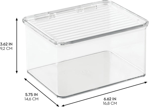 Clear plastic storage box with a slotted lid, shown with dimension arrows and measurements for height, width, and depth on a white background.
