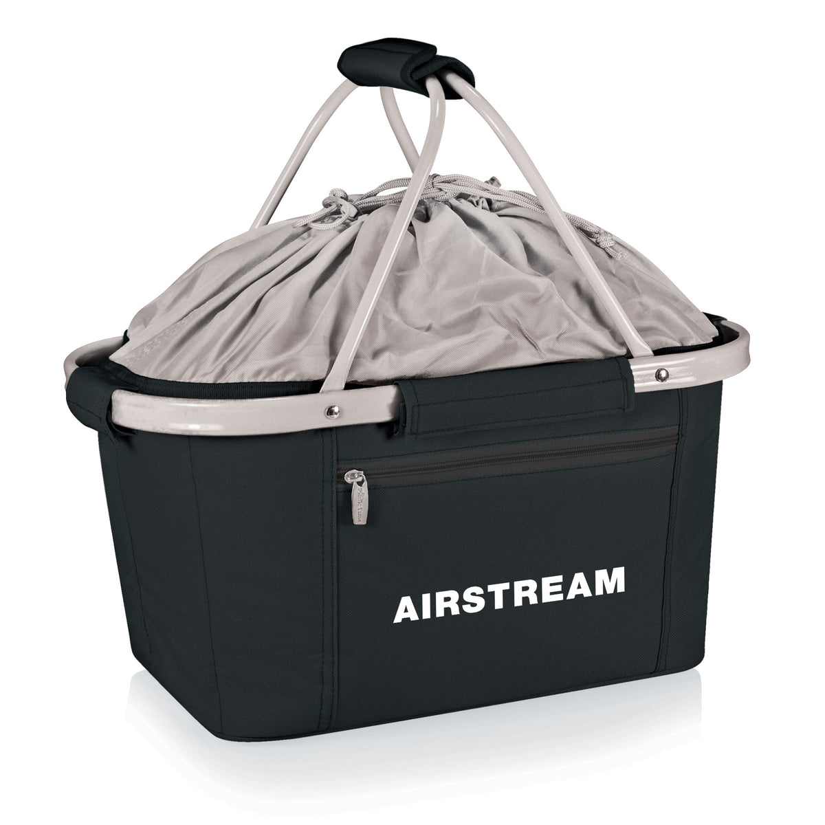 The Airstream Metro Basket Collapsible Cooler Tote is a black and gray insulated picnic basket featuring a fabric lid, zippered front pocket, convenient carrying handles, and “AIRSTREAM” printed on the front. This versatile tote easily collapses for storage and keeps your food and drinks fresh for any outdoor adventure.