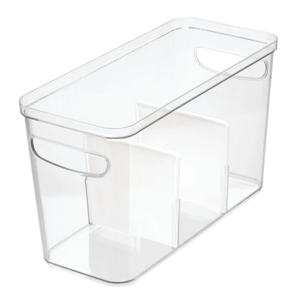 The Airstream Kitchen + Pantry Storage Bundle includes a clear plastic storage bin featuring two built-in handles and two interior dividers, making it ideal for organizing small items. With its rectangular design and transparent sides, this storage bin maximizes visibility and efficiency—making it a smart solution for any pantry organization needs.