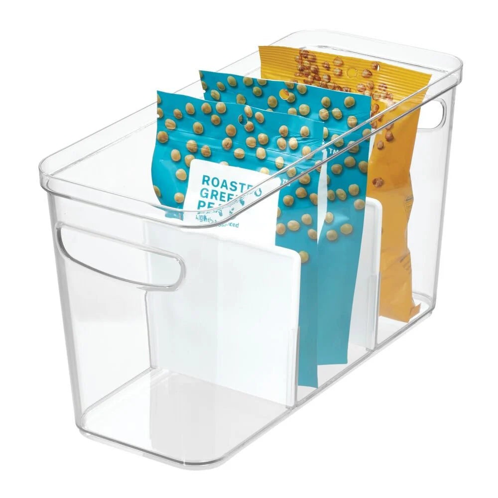 The Airstream Kitchen + Pantry Storage Bundle features a clear plastic storage bin with handles, designed to hold three upright snack bags (two teal and one yellow) separated by white dividers—making it the perfect organization solution for your Airstream kitchen or pantry.