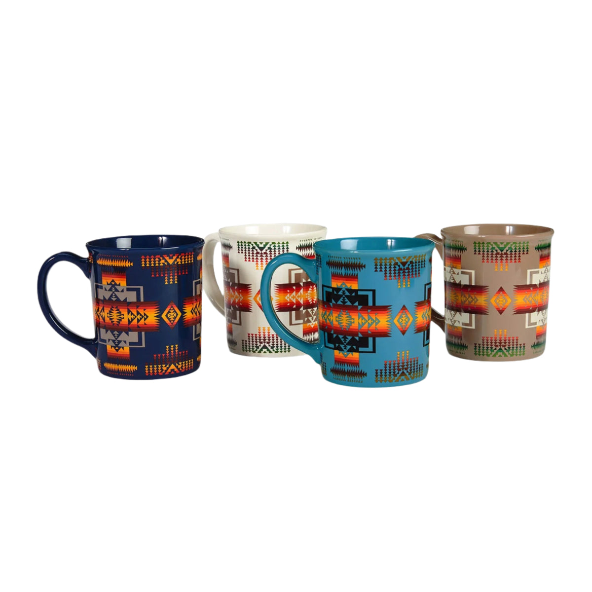Four ceramic mugs from the 4-Piece Mug Set by Pendleton Wool Mills, featuring colorful geometric Native American-inspired patterns in blue, cream, teal, and tan, are arranged side by side on a white background. This vibrant and stylish set makes a perfect gift for any home.