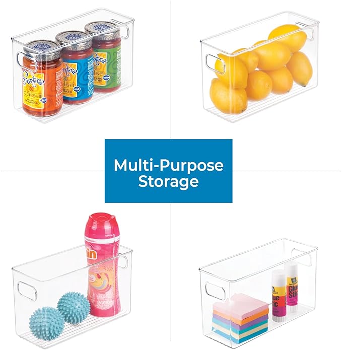 Four Fridge/Pantry Storage Bins (10 x 4 x 6), made from BPA-free clear plastic, are shown organizing a variety of items: cans and jars, lemons, cleaning spray with spiky balls, and sticky notes with glue sticks. The center text reads “Multi-Purpose Storage,” emphasizing the versatility of these storage containers for any space.