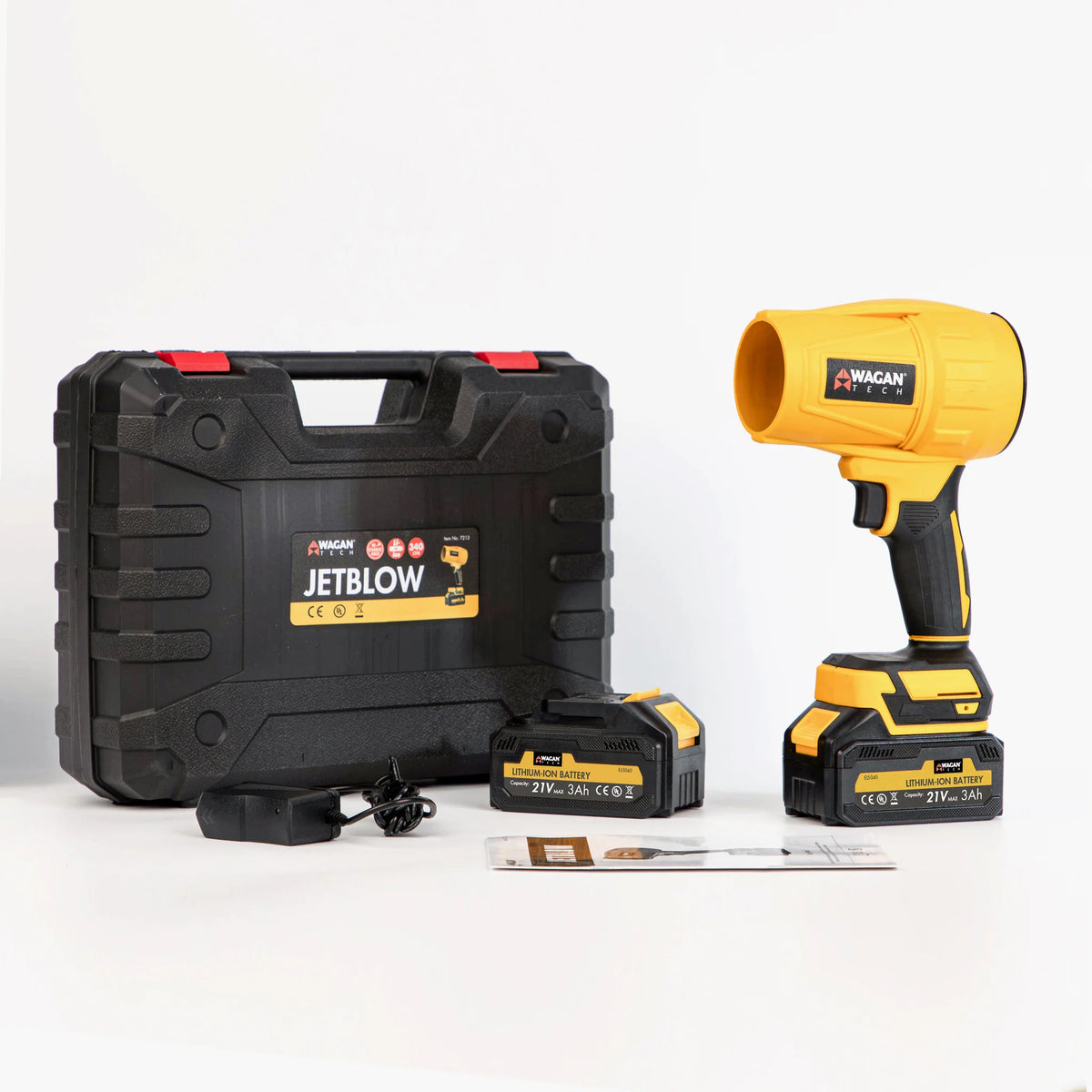 A yellow handheld power tool labeled “Jetblow by Wagan Tech” is displayed with two battery packs, a charger, instruction manuals, and a black carrying case on a white background—ideal for campsite cleanup, this compact cordless jet blower provides convenient portability wherever you need it.