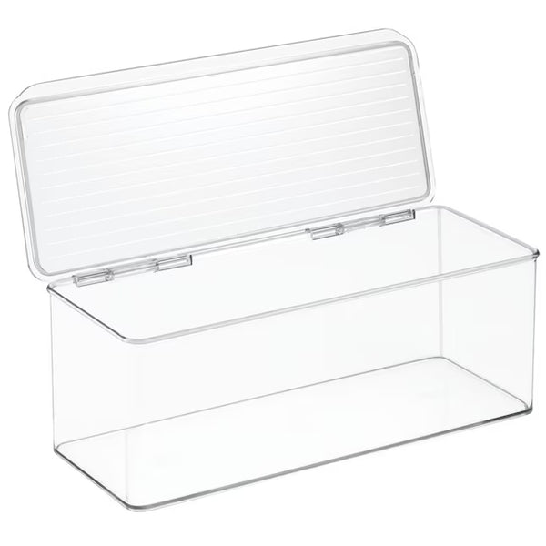 A clear plastic storage box with a hinged lid, shown open against a plain white background.