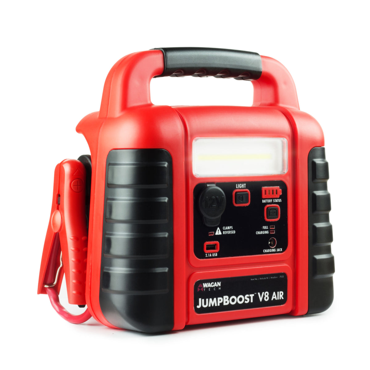 The JumpBoost Air by Wagan Tech is a red and black portable jump starter equipped with a handle, attached jumper cables, control panel, status lights, and “JUMPBOOST V8 AIR” labeling on the front. For added convenience, it also includes a built-in portable air compressor and functions as an emergency power supply.