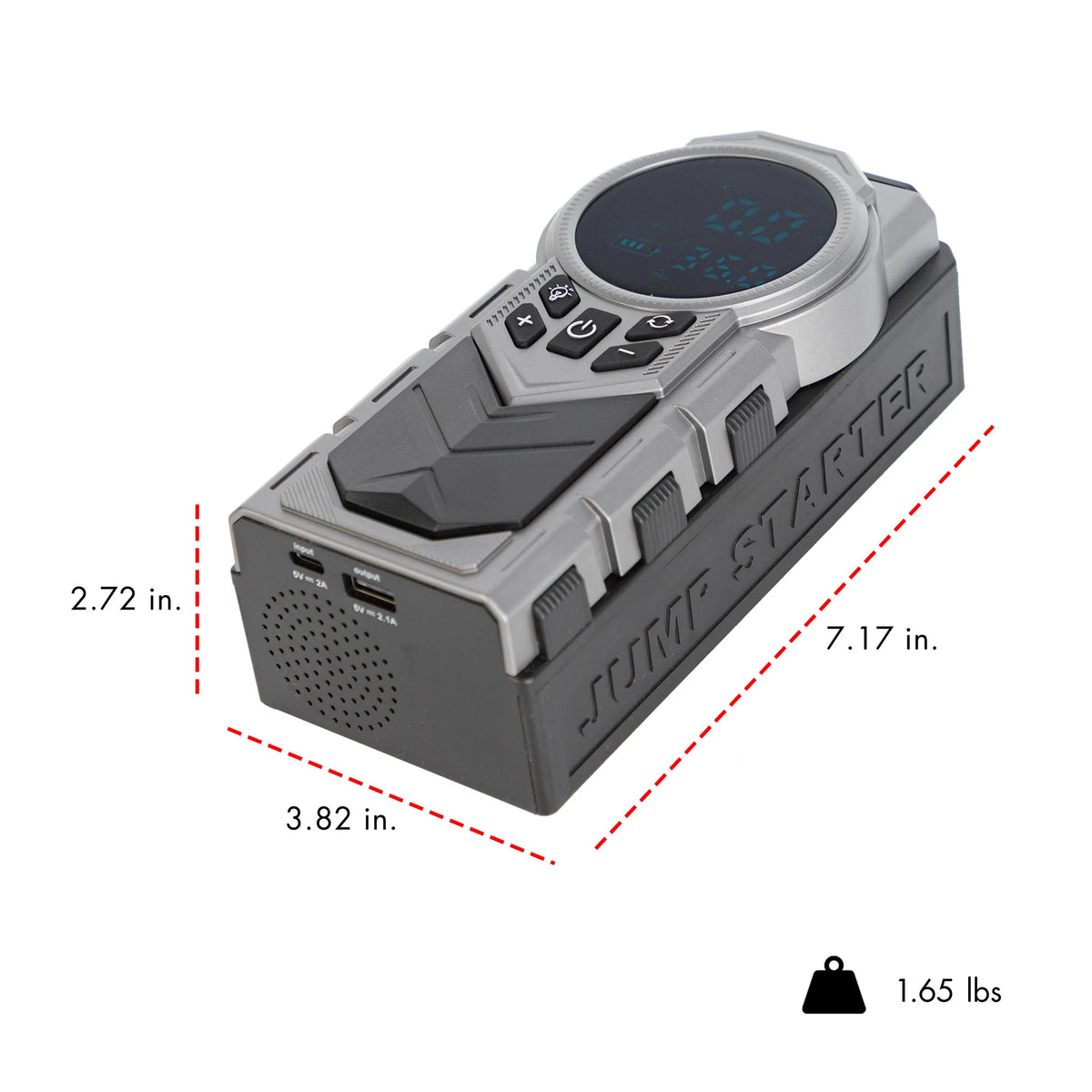 The iOnBoost™ V10 Air Compressor/Jump Starter by Wagan Tech is ideal for Airstream travel, measuring 7.17 x 3.82 x 2.72 inches and weighing just 1.65 lbs. It features user-friendly buttons, ports, and a digital screen on top, ensuring easy operation wherever your adventures take you.