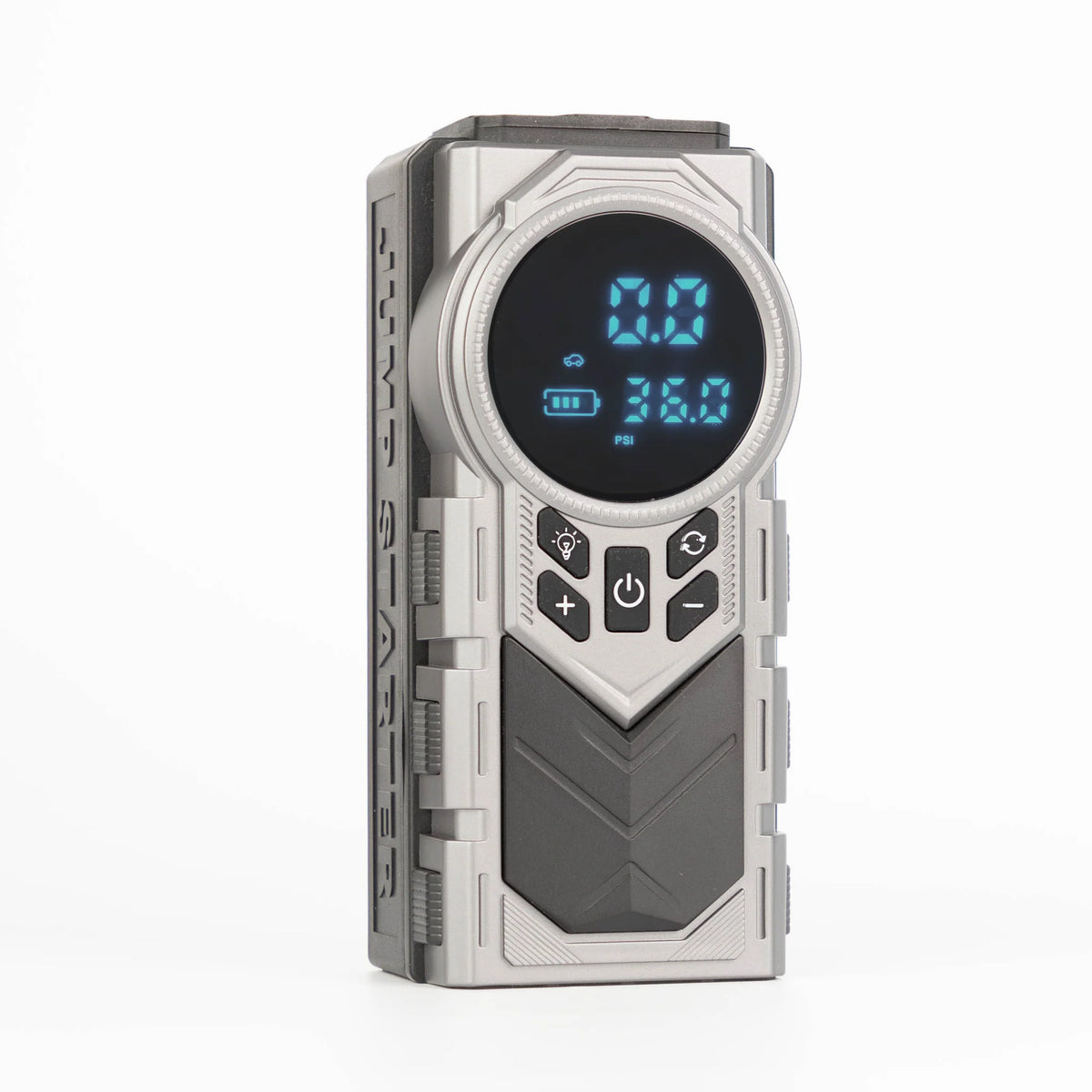 The iOnBoost™ V10 Air Compressor/Jump Starter by Wagan Tech features a portable digital air inflator with an LED display for PSI readings, battery status, and intuitive control buttons. Its rugged gray casing is clearly labeled “JUMP STARTER” on the side, ensuring dependable performance for Airstream adventures. Product shown on a white background.