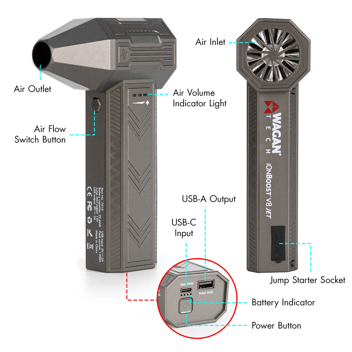 Two views of the iOnBoost™ V8 Jet Blower/Jump Starter by Wagan Tech showcase its labeled features, including air outlets, air inlets, turbo air blower switch, indicator lights, battery ports, USB ports, and a prominent power button—making it an ideal portable power bank for your on-the-go needs.
