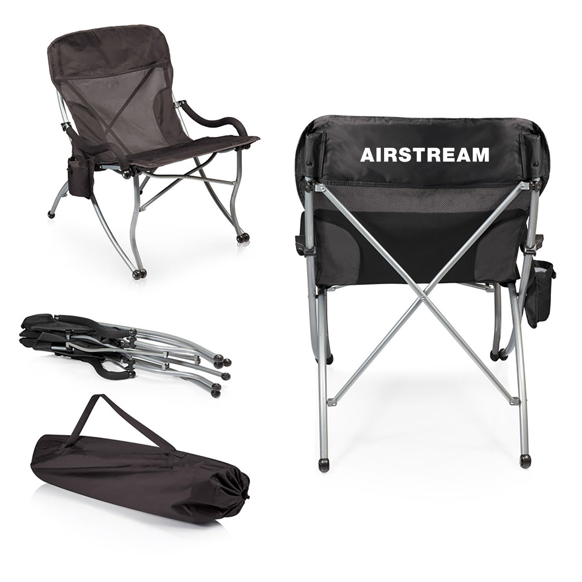 Airstream XL Heavy Duty Camp Chair in black, featuring the AIRSTREAM logo on the back, is shown fully open, folded, and stored in a black carrying bag with a shoulder strap. This collapsible folding chair is built for durability and comfort at any campsite.