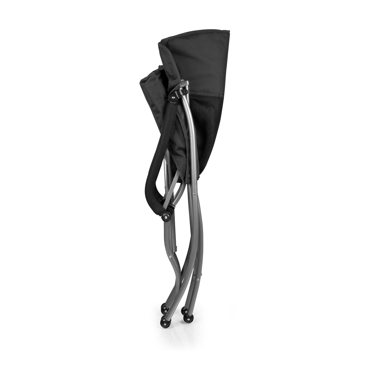 The Airstream XL Heavy Duty Camp Chair, shown in its collapsed position, features a black fabric seat and curved metal legs, standing upright on a white background.