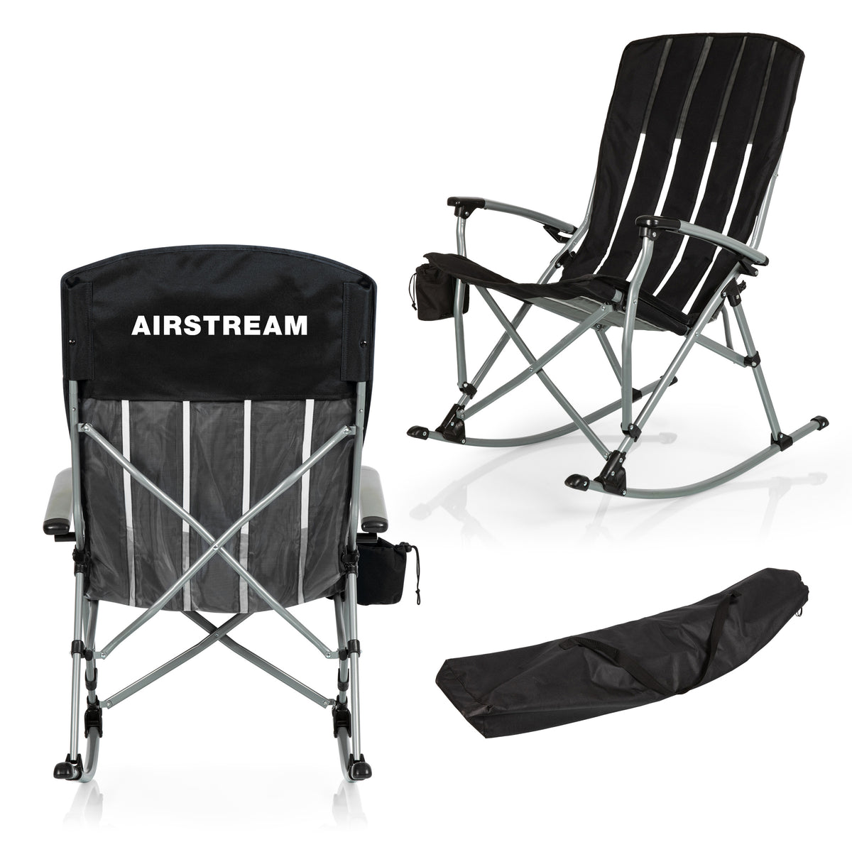 Three views of the black Airstream Outdoor Rocking Camp Chair, featuring “AIRSTREAM” printed on the backrest, are shown from the back, front, and folded neatly inside its carrying bag. This foldable rocking chair offers both comfort and portability, making it the perfect choice for your next camping adventure.