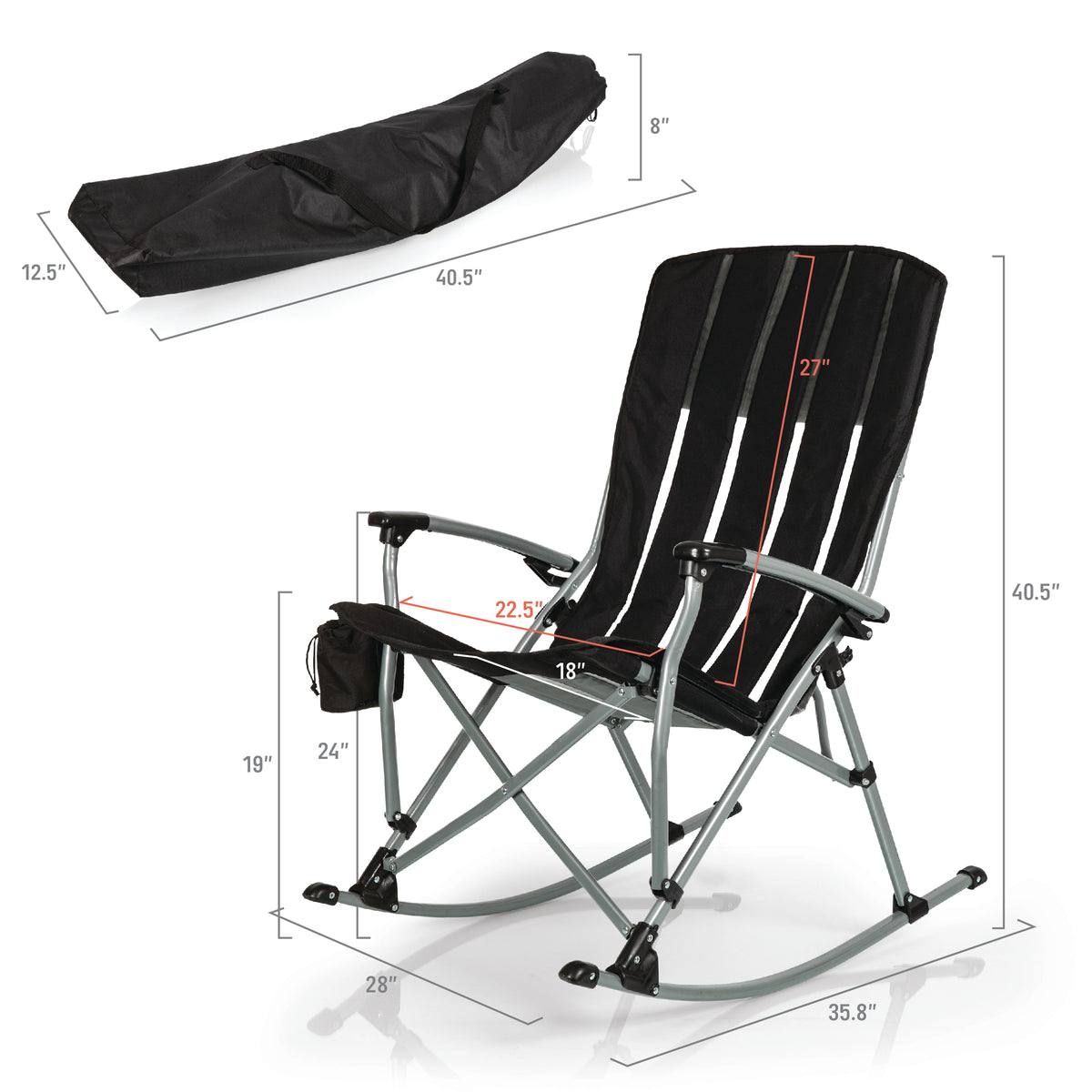 The Airstream Outdoor Rocking Camp Chair, shown above in black with armrests and a matching carrying bag, features highlighted seat and backrest dimensions for your convenience and measures 40.5 inches tall, 28 inches deep, and 35.8 inches wide.