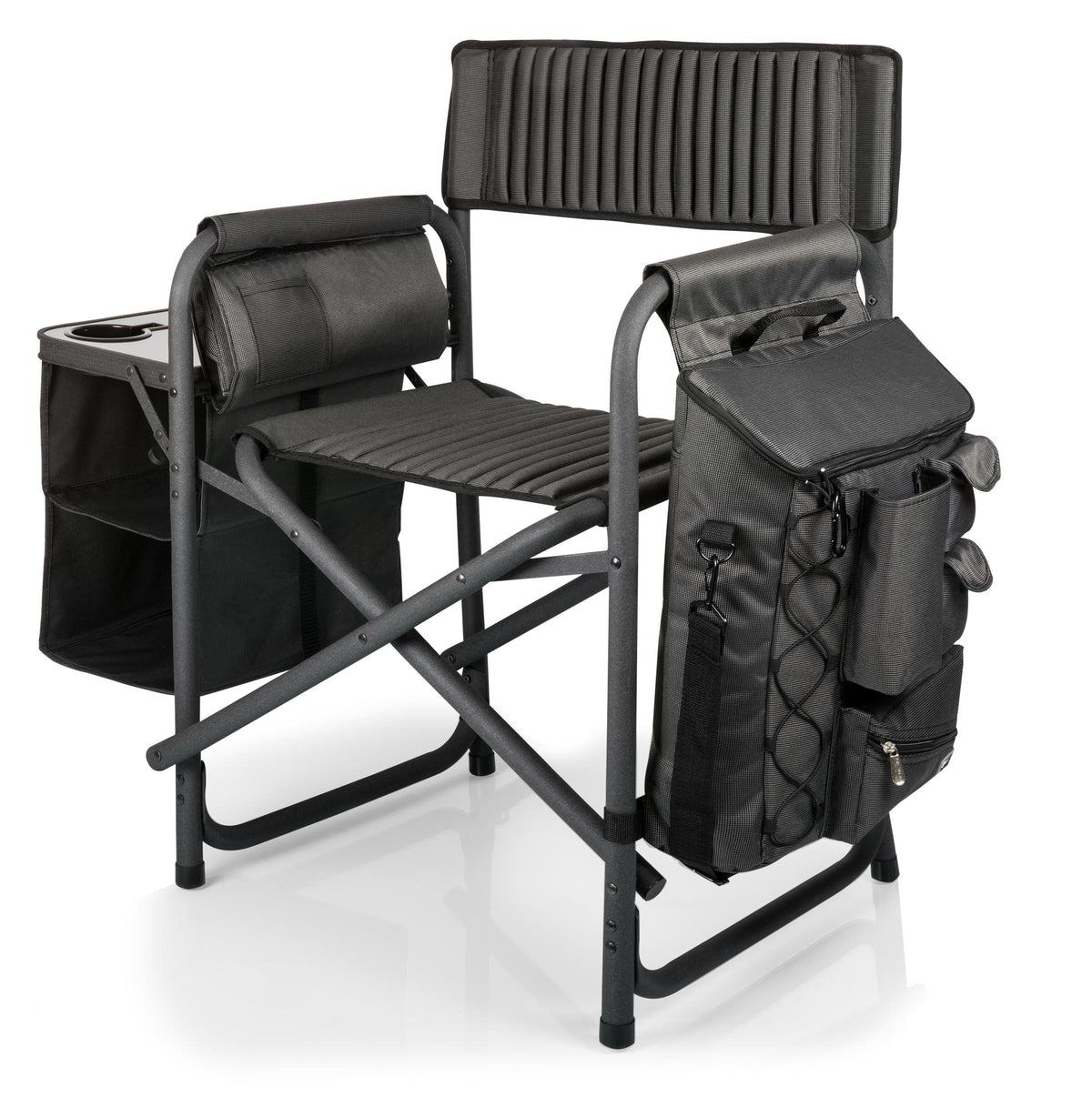 The Airstream Fusion Backpack Chair features a sleek black, folding director’s chair design with a padded seat and backrest, an attached side table with built-in cup holder, and multiple storage pockets on the arms for all your gear or accessories—making it the ideal versatile outdoor chair for camping trips or tailgates.