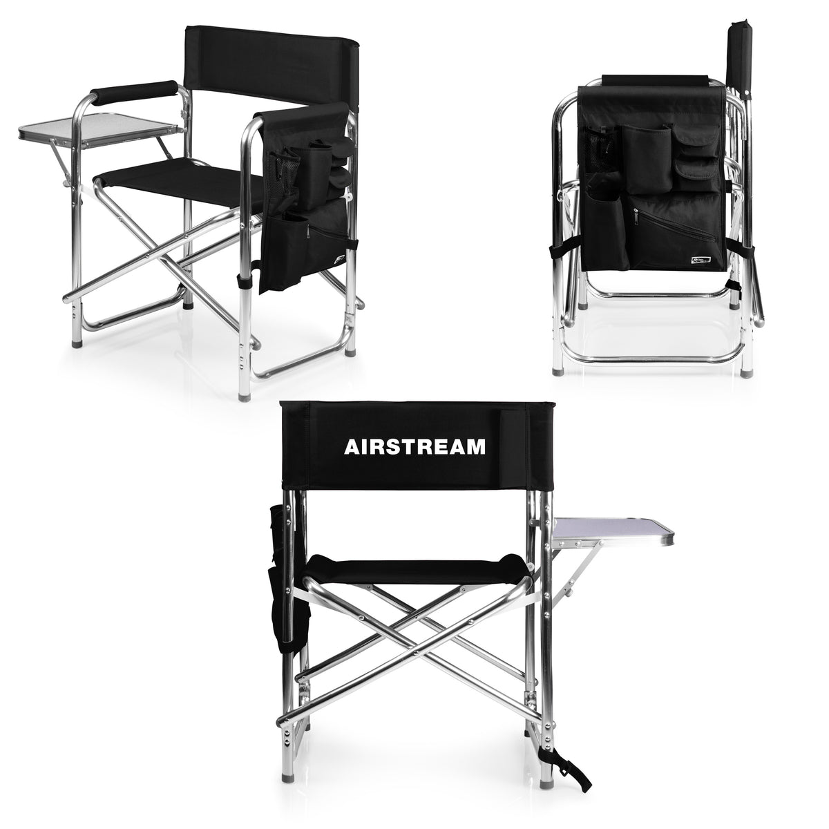Three views of the Airstream Outdoor Sports Chair in black and silver, featuring “AIRSTREAM” printed on the backrest. This portable folding director’s chair is shown from various angles—open with its side table and storage pockets, as well as folded—making it perfect for outdoor sports.