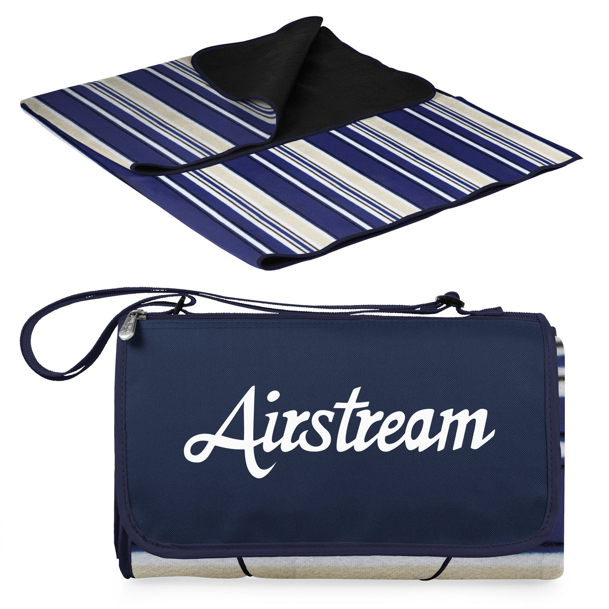 The Airstream Outdoor Picnic Blanket, shown both unfolded and folded, features blue, white, and gray stripes. This portable camping blanket includes a convenient carrying handle when folded and displays the word “Airstream” on the front.