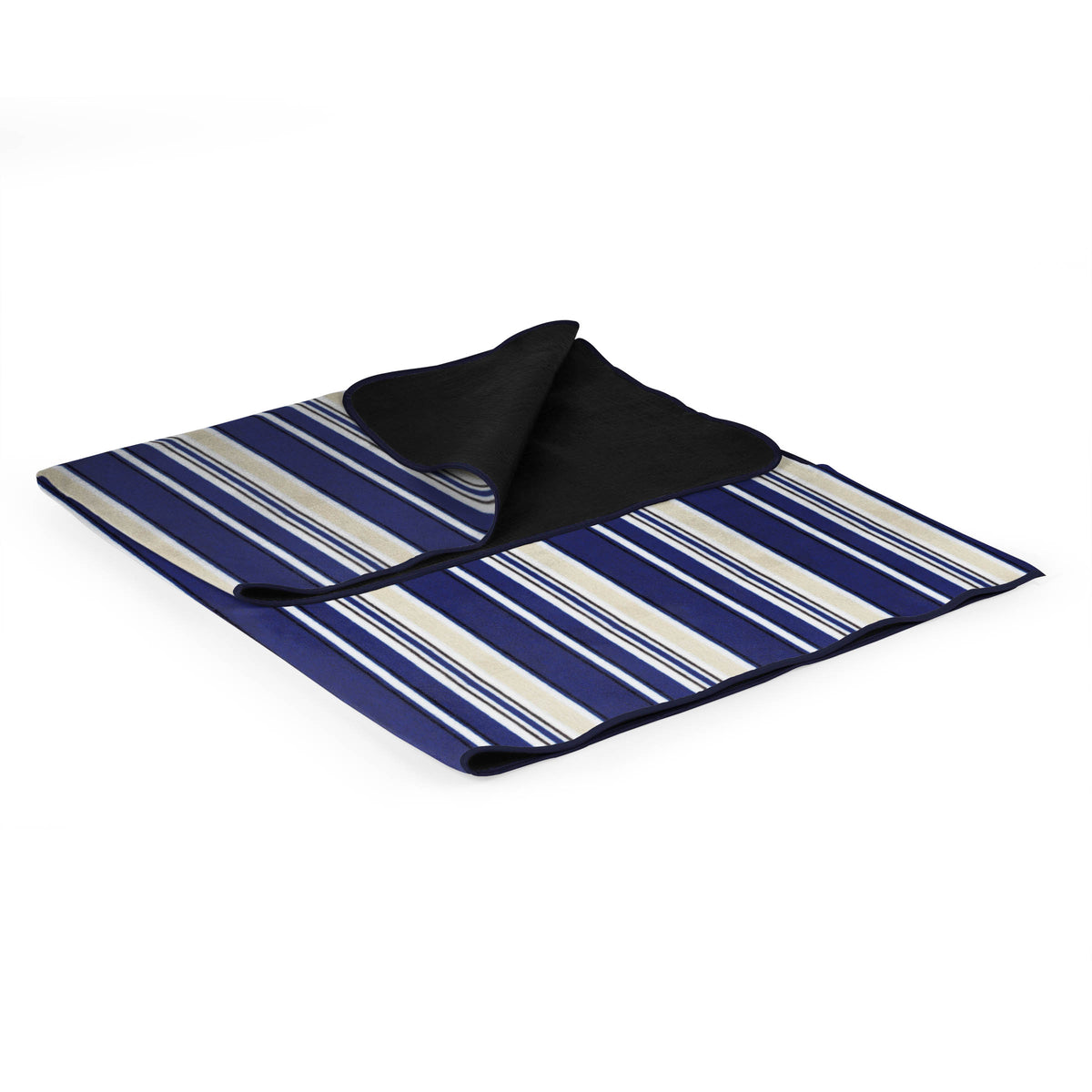 The Airstream Outdoor Picnic Blanket is shown folded, featuring blue, white, and gray stripes on the top with a black underside, displayed on a white background.