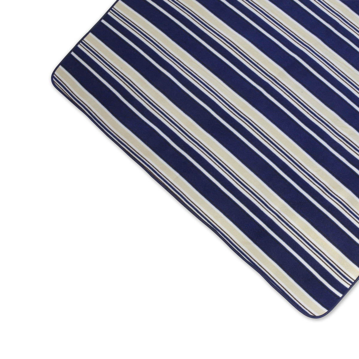 A section of the Airstream Outdoor Picnic Blanket, a rectangular portable camping blanket featuring navy blue, white, and beige horizontal stripes on a white background.