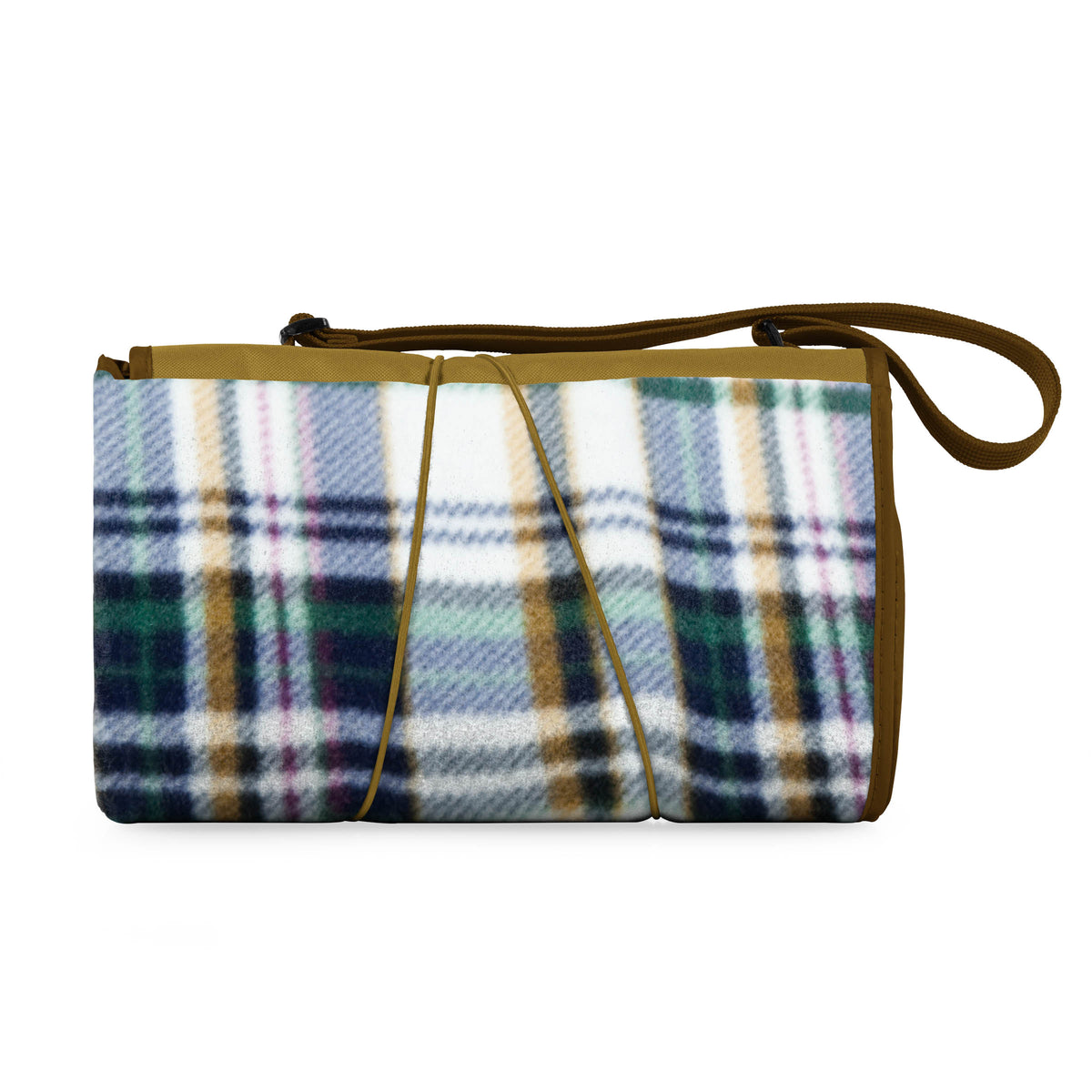 The Airstream Outdoor Picnic Blanket is a rolled-up plaid picnic blanket with brown straps and a convenient carrying handle, featuring green, blue, yellow, and white stripes. This portable camping blanket is perfect for outdoor adventures or relaxing in the park.