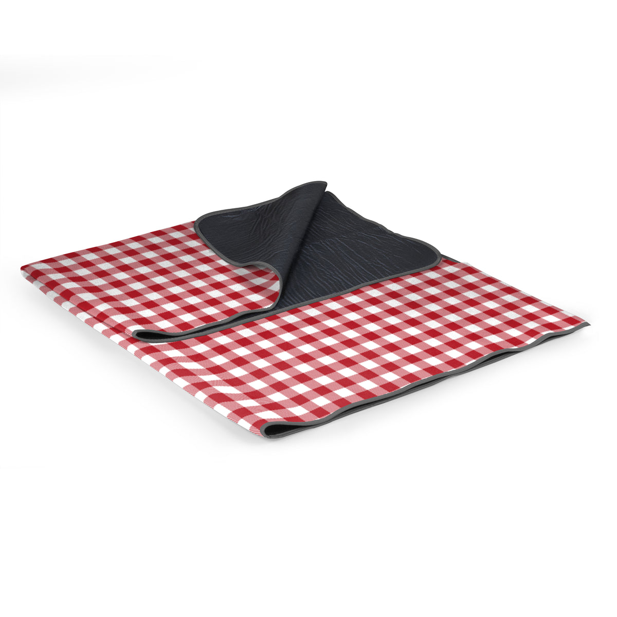 The Airstream Outdoor Picnic Blanket, shown folded on a white background, features a red and white checkered pattern on one side and solid dark gray fabric on the other.