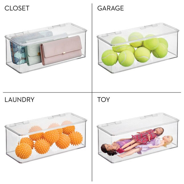 Four clear plastic storage bins shown in a 2x2 grid with labeled use cases: Closet, Garage, Laundry, and Toy. Each bin contains different items: wallets and folded clothes in the closet, tennis balls in the garage, massage balls in the laundry, and dolls in the toy bin.