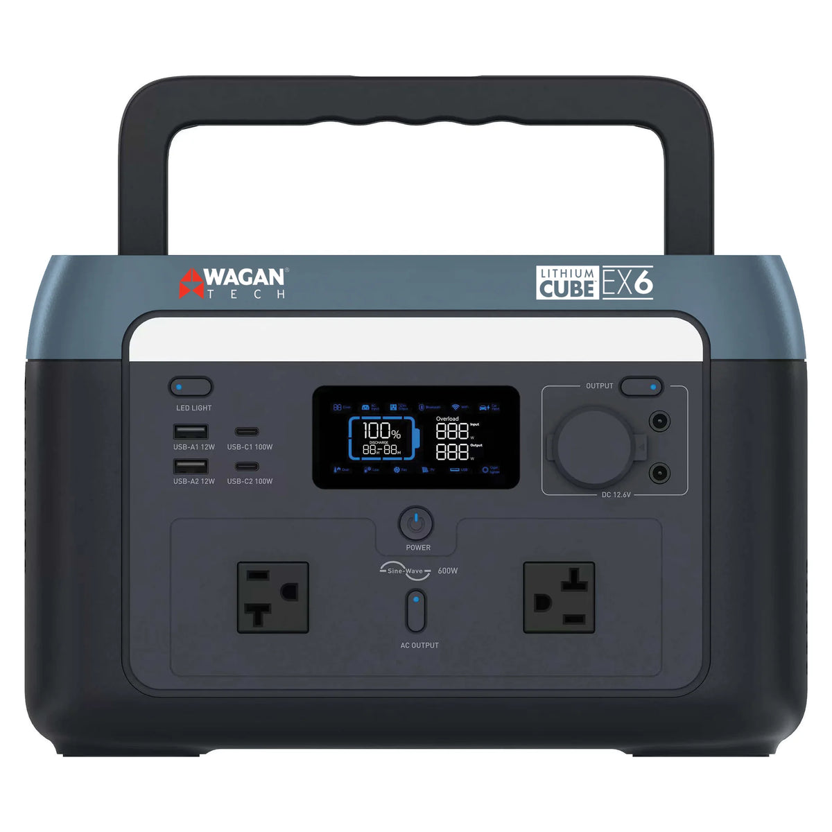The Lithium Cube by Wagan Tech, an innovative portable power station, features a convenient carry handle, display screen, dual outlets, multiple USB ports, and easy-access control buttons on the front panel—making it a must-have portable lithium battery bank and a dependable power source for Airstream adventures.