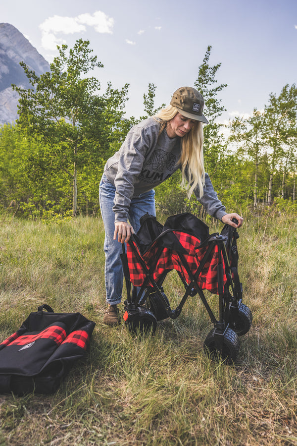 A woman outdoors in a grassy field near trees and a mountain, setting up a red-and-black plaid folding camp chair next to a matching bag.