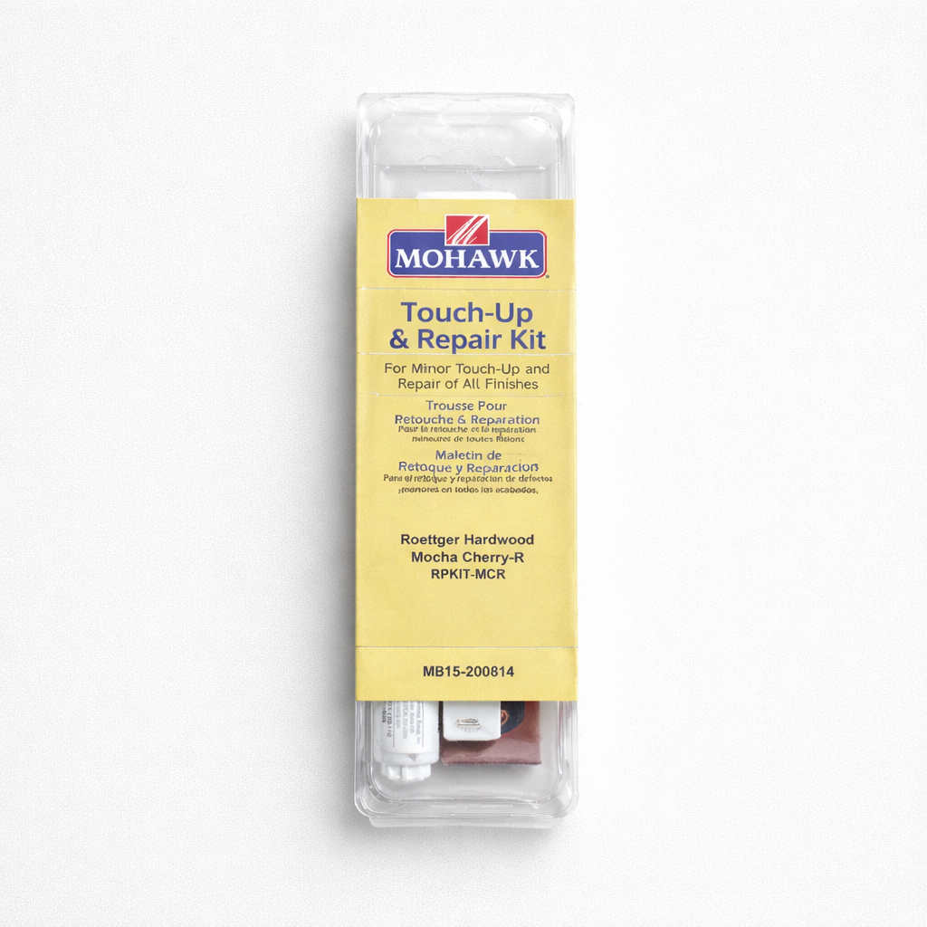 The Airstream Touch Up + Repair Kit (Part #90000W Series), shown in packaging and labeled for Roetger Hardwood, Mocha Cherry-R, is a versatile solution for quick wood surface fixes. Housed in a clear plastic case with visible repair supplies and topped with a yellow instruction label, this kit is ideal both as an essential Airstream repair resource and for home touch-ups—perfect for anyone seeking quality Airstream parts or reliable wood repair solutions.