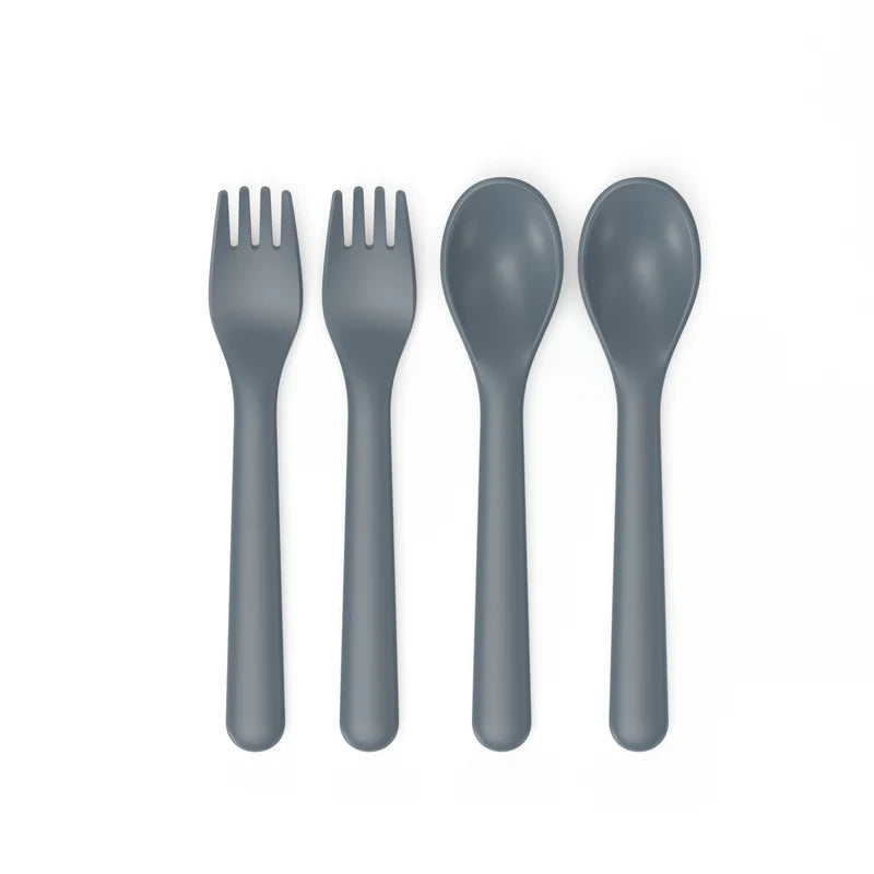 Two pairs of gray bamboo utensils from the Bamboo Reusable Cutlery Set Duos by Ekobo—featuring two forks on the left and two spoons on the right—are arranged side by side atop a white background. Made from BPA-free materials, this set of reusable cutlery offers a practical and eco-friendly alternative for everyday dining.