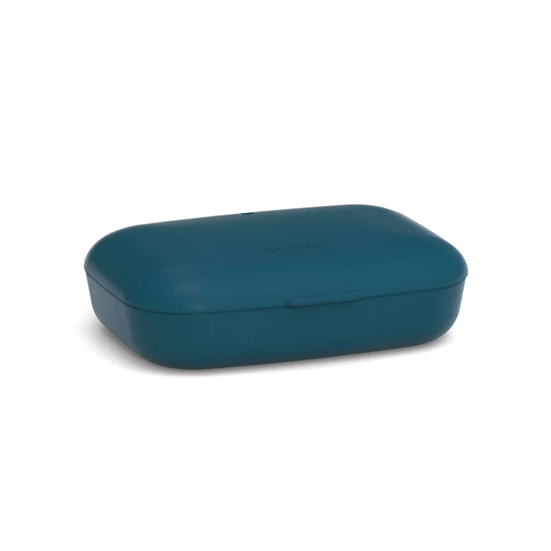 A set of two closed, rectangular Bamboo Travel Soap Boxes by Ekobo in dark teal with rounded edges, displayed on a white background. These leak-proof soap containers are ideal for keeping your soap dry and secure while traveling.