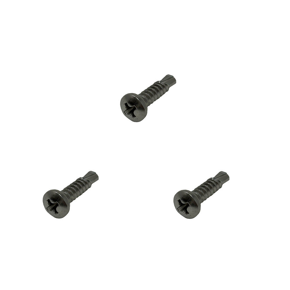 Three screws from the Airstream Ceiling Air Vent Screw Bundle, commonly used as Airstream self-tap panhead screws for Airstream parts, are arranged in a triangular pattern on a white background.