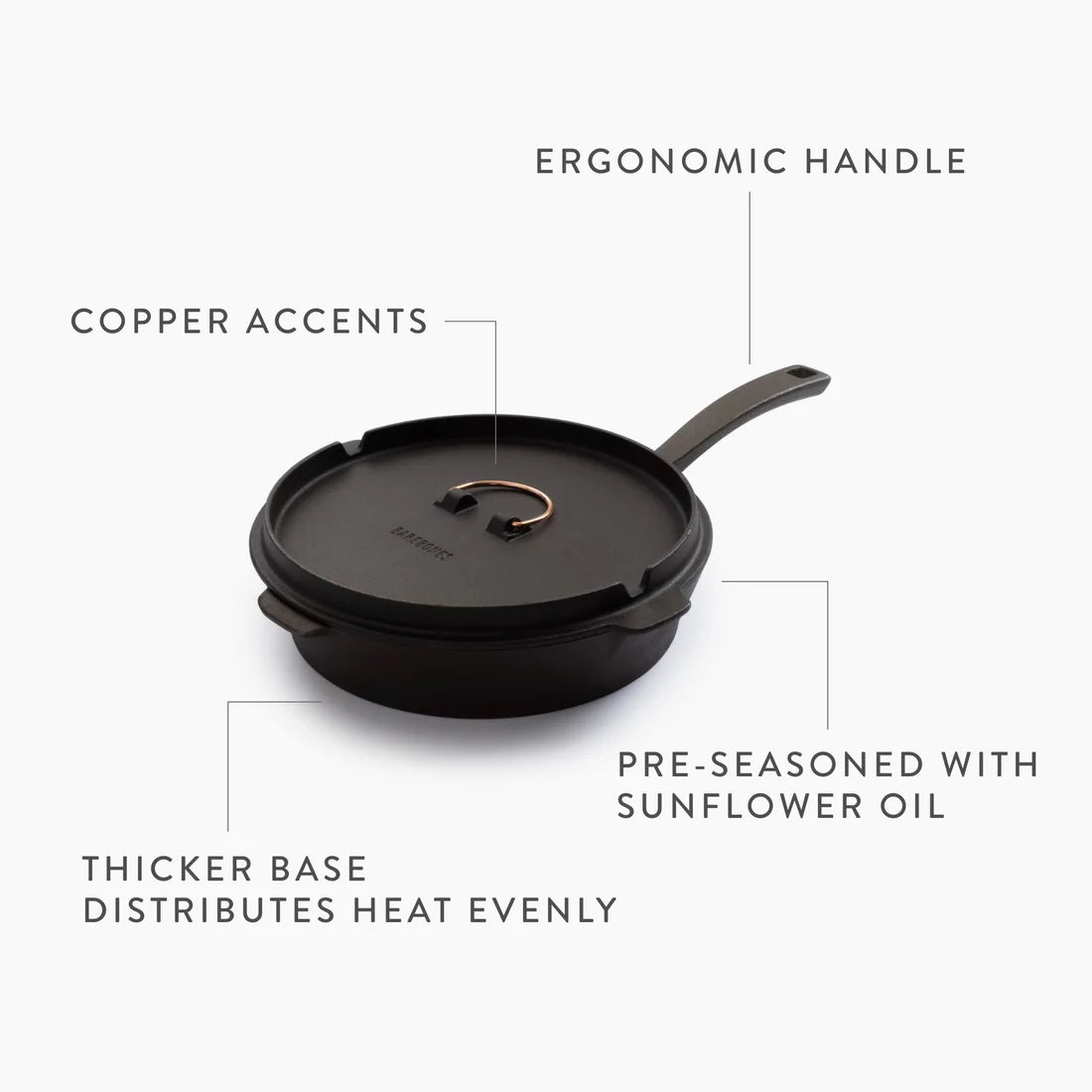 The All-In-One Cast Iron Skillet by Barebones features a Dutch Oven-style lid, elegant copper accents, and an ergonomic handle. Its thicker base ensures even heat distribution, and this pre-seasoned skillet arrives ready to use with a protective coating of sunflower oil.