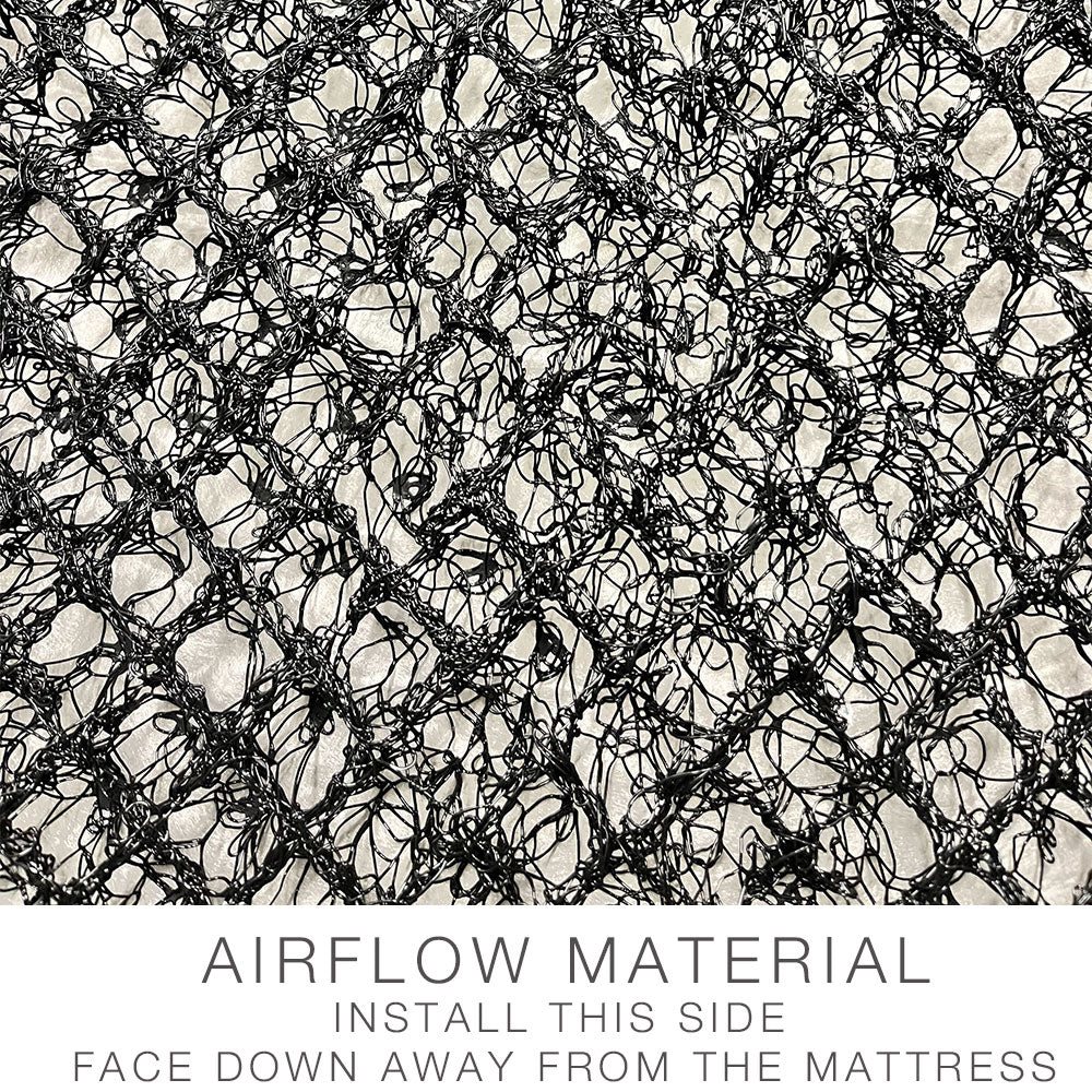 Close-up of black, tangled mesh material with instructions below: Install this side face down, away from the mattress. The Airstream Mattress Airflow for Bambi Travel Trailers serves as a moisture barrier and improves airflow beneath your mattress.