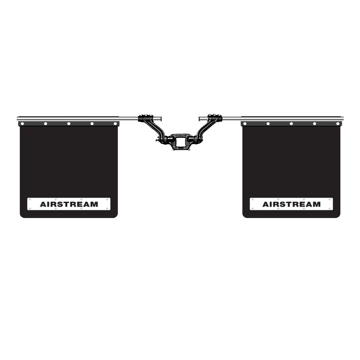 Two black rectangular mudflaps labeled AIRSTREAM are attached to a metal bar with a hitch connector in the center, shown against a white background. Designed for optimal debris protection, the Airstream Rock Tamers™ Mud Flap System provides reliable defense for your vehicle and offers quality and functionality comparable to Rock Tamers.