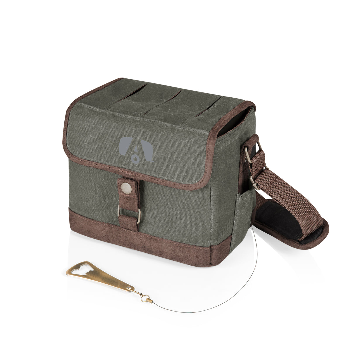The Airstream Beer Caddy Cooler Tote is a green and brown insulated lunch bag featuring a shoulder strap, front snap pocket, and a metal bottle opener attached by a retractable cord—making this versatile cooler tote perfect for keeping your food and drinks chilled on the go.